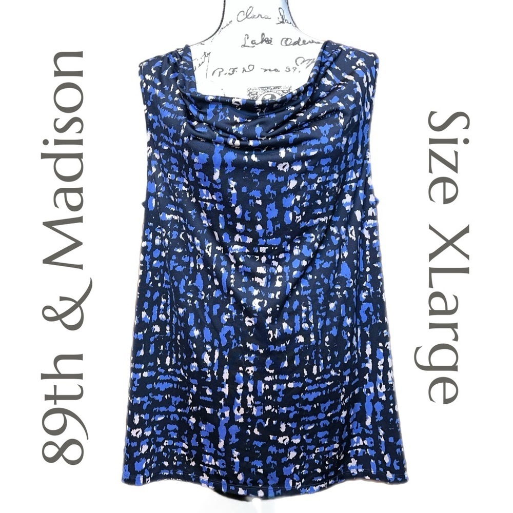 89th & Madison Animal Print Abstract Blue Black Tank Style Cowl Neck Top Size XL